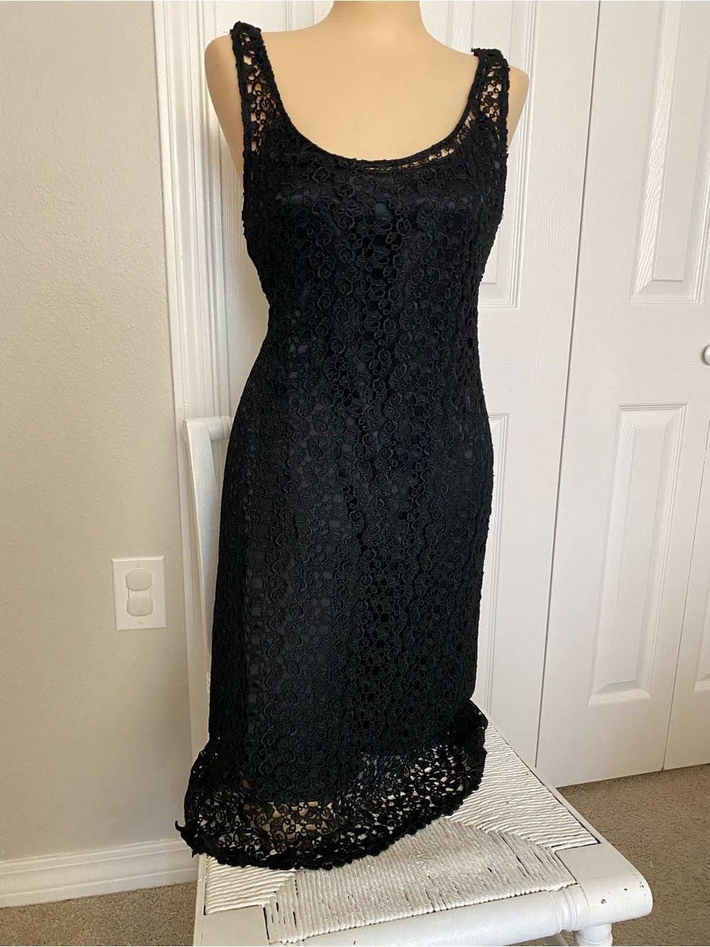 Elegant Black Crochet Midi Dress - Classic Sleeveless Style